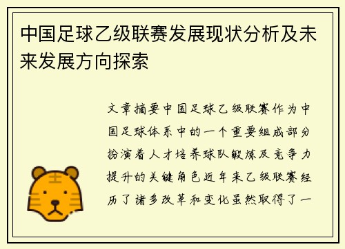 中国足球乙级联赛发展现状分析及未来发展方向探索
