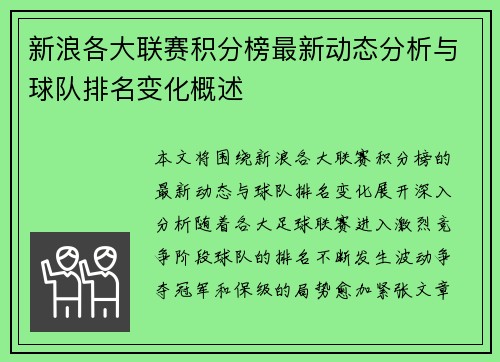 新浪各大联赛积分榜最新动态分析与球队排名变化概述