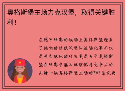 奥格斯堡主场力克汉堡，取得关键胜利！